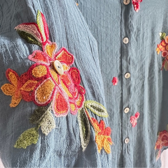 Fig and Flower Embroidered Blouse Anthropologie S Boho Tunic Top Blue - Picture 7 of 12